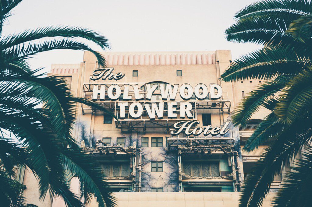 Hollywood tower attraction ride with palm trees in view