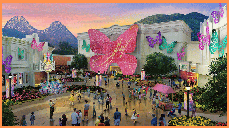 Dollywood theme park aerial view with pink butterfly entrance 