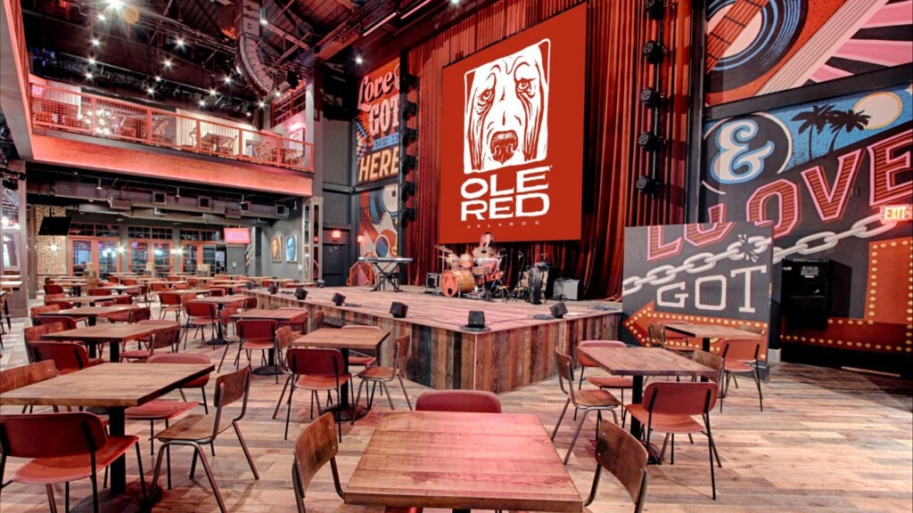 interior of ole red, which is Blake Shelton's restaurant in Gatlinburg with lots of red decor 