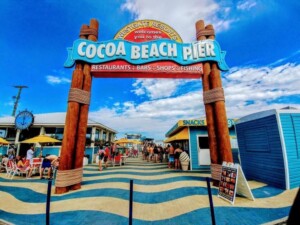 the entrance of the Westgate Resorts cocoa beach pier, clear skies, 