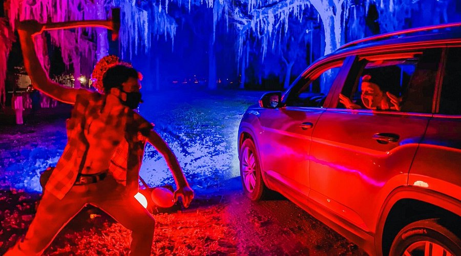 actor in front of drive in haunted event for halloween